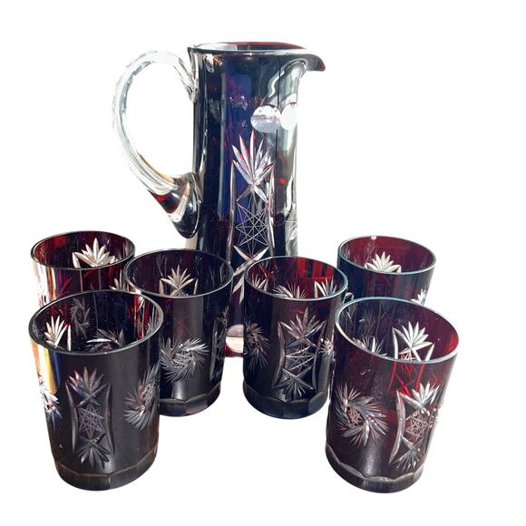 Antique Cut To Clear Bohemian Ruby Glass Water Pitcher & 6 Tumblers